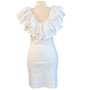 New! Zara White Ruffle  Ribbed Stretch Mini Dress Size Lrg